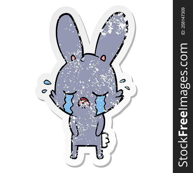 Distressed Sticker Of A Cute Cartoon Rabbit Crying