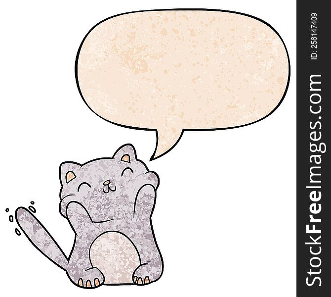 Very Happy Cute Cartoon Cat  And Speech Bubble In Retro Texture Style
