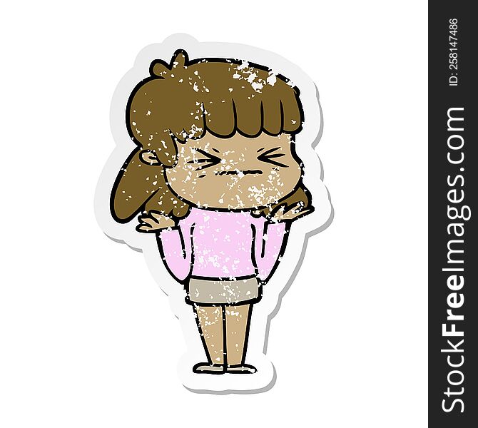 distressed sticker of a cartoon angry girl