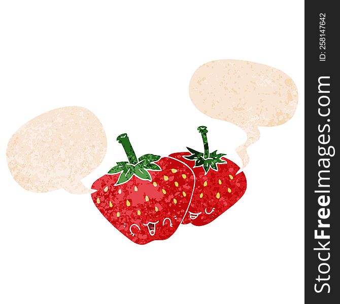 cartoon strawberries with speech bubble in grunge distressed retro textured style. cartoon strawberries with speech bubble in grunge distressed retro textured style