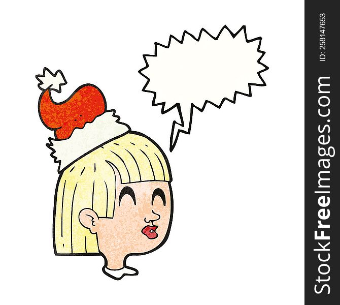 freehand drawn texture speech bubble cartoon girl wearing christmas hat. freehand drawn texture speech bubble cartoon girl wearing christmas hat