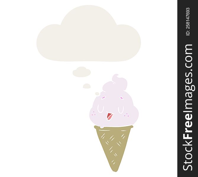 Cute Cartoon Ice Cream And Thought Bubble In Retro Style