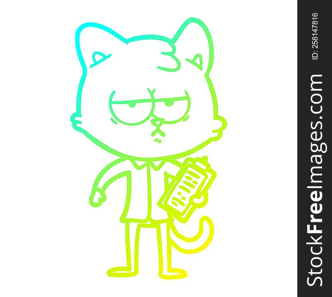 cold gradient line drawing of a bored cartoon cat taking survey