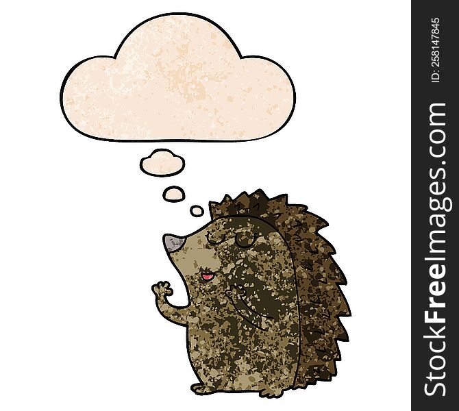 Cartoon Hedgehog And Thought Bubble In Grunge Texture Pattern Style