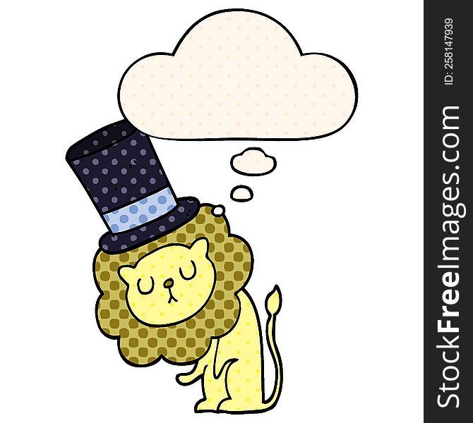 Cute Cartoon Lion Wearing Top Hat And Thought Bubble In Comic Book Style