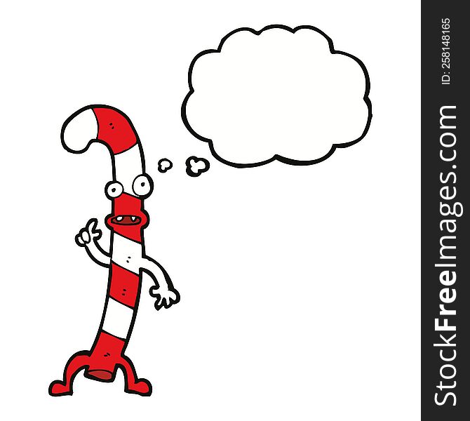 cartoon dancing christmas candy cane with thought bubble
