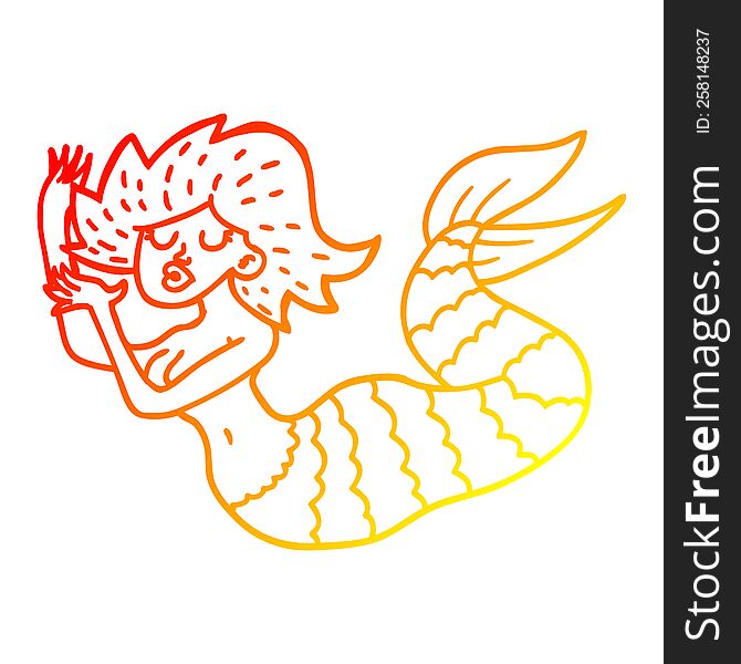 warm gradient line drawing of a cartoon woman mermaid