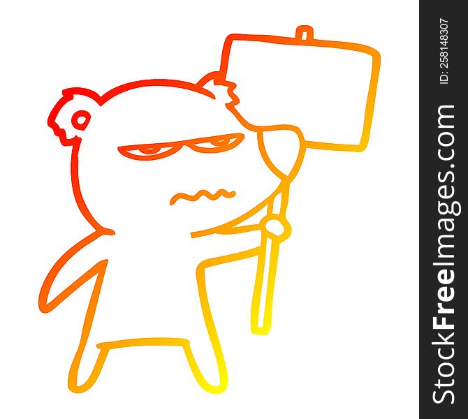 Warm Gradient Line Drawing Angry Bear Cartoon Holding Placard