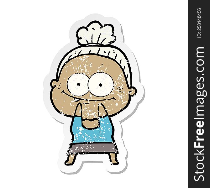 Distressed Sticker Of A Cartoon Happy Old Woman