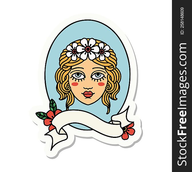 tattoo style sticker with banner of a maiden with flowers in her hair. tattoo style sticker with banner of a maiden with flowers in her hair