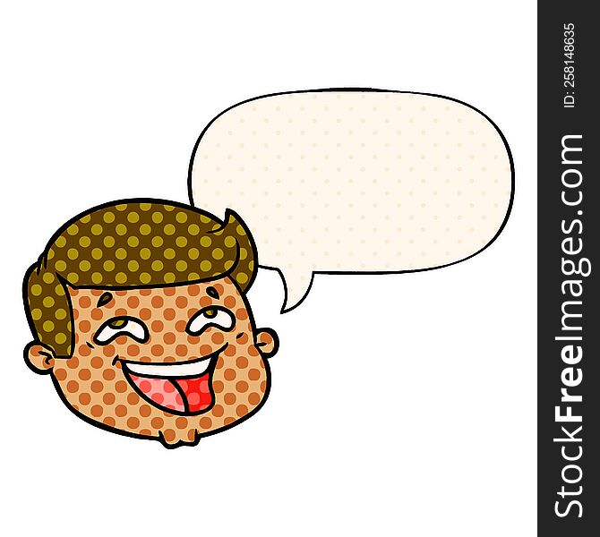 happy cartoon male face with speech bubble in comic book style