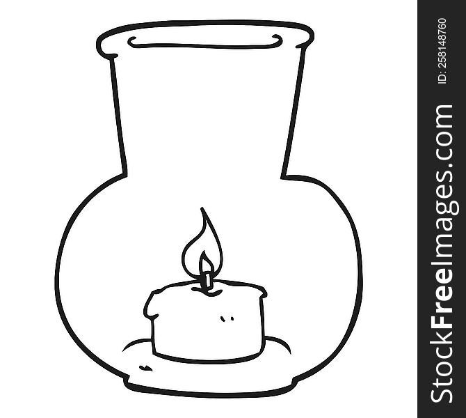 freehand drawn black and white cartoon old glass lantern with candle