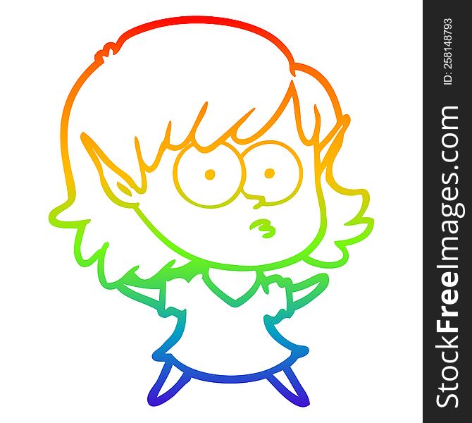 Rainbow Gradient Line Drawing Cartoon Elf Girl Staring