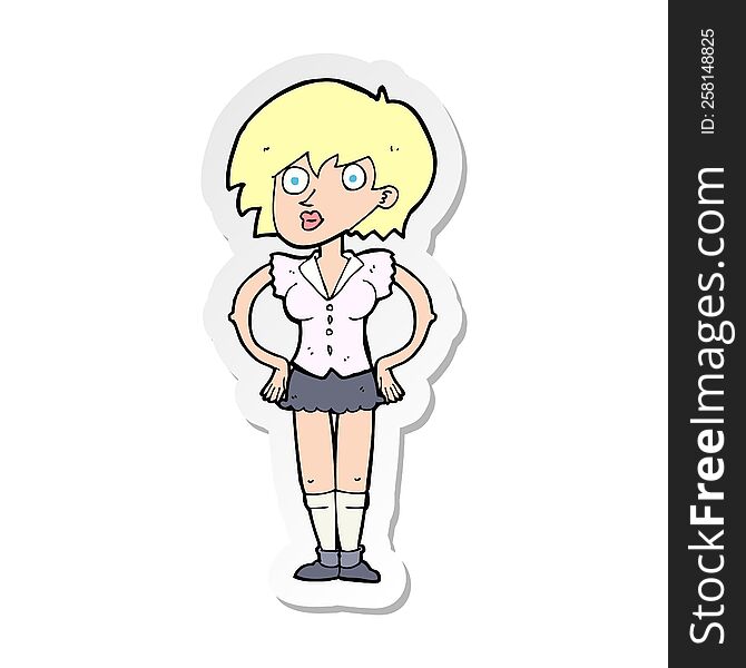 sticker of a cartoon surprised woman with hands on hips