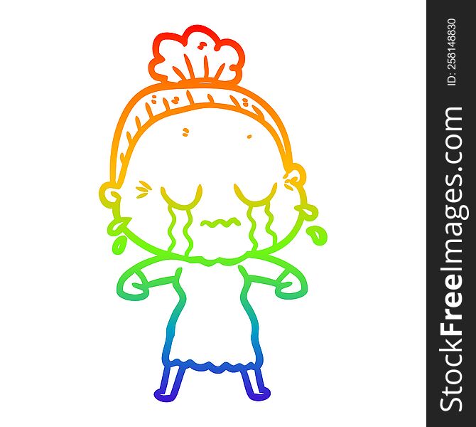 Rainbow Gradient Line Drawing Cartoon Crying Old Lady