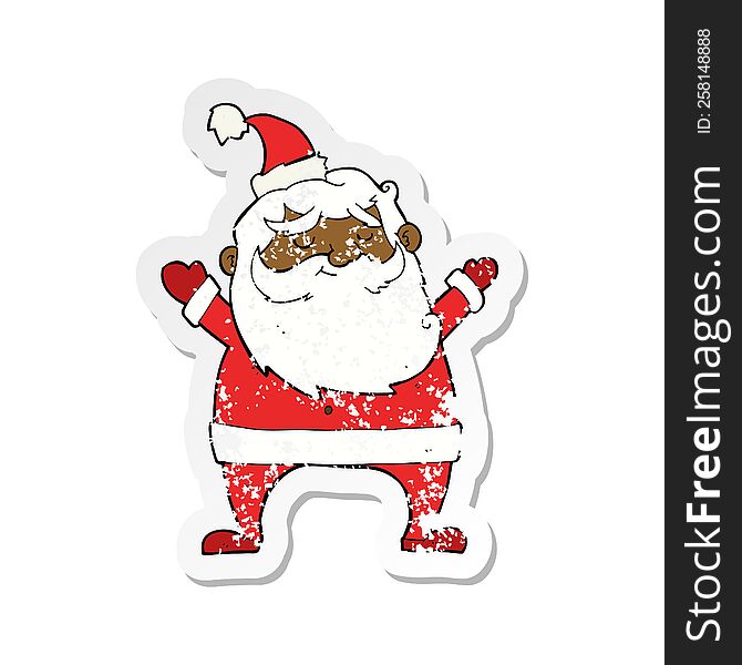 retro distressed sticker of a jolly santa cartoon
