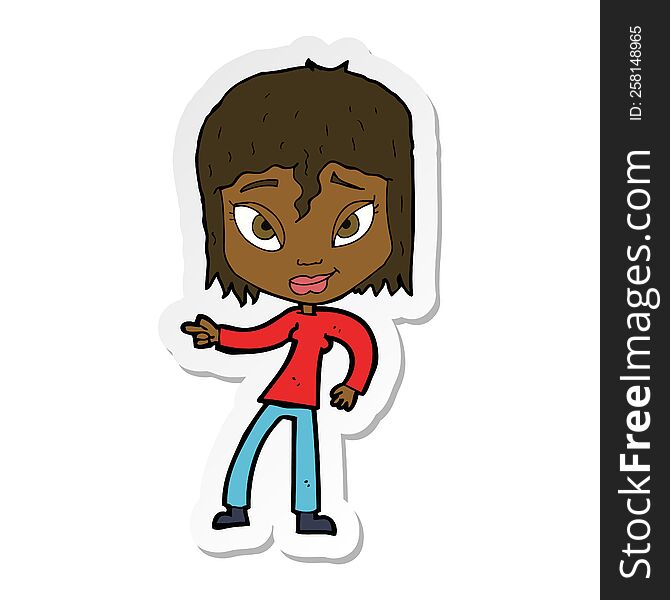 sticker of a cartoon relaxed woman pointing