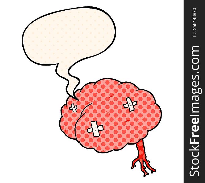 cartoon injured brain with speech bubble in comic book style