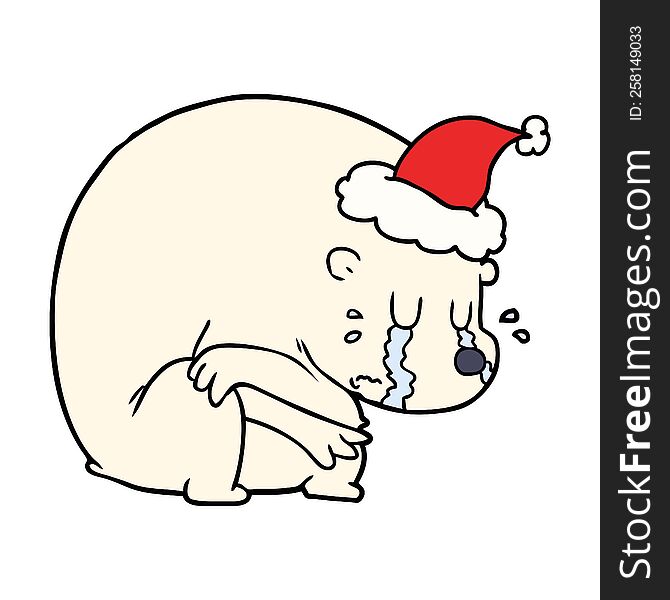 crying hand drawn line drawing of a polar bear wearing santa hat. crying hand drawn line drawing of a polar bear wearing santa hat