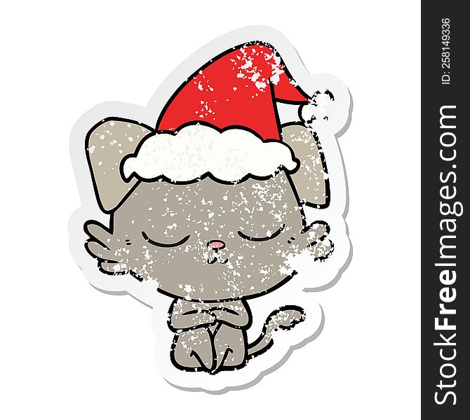Cute Distressed Sticker Cartoon Of A Dog Wearing Santa Hat