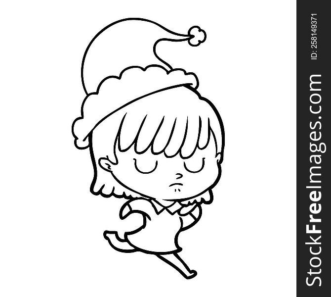 Line Drawing Of A Woman Wearing Santa Hat