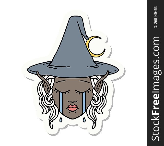sticker of a crying elf mage character face. sticker of a crying elf mage character face