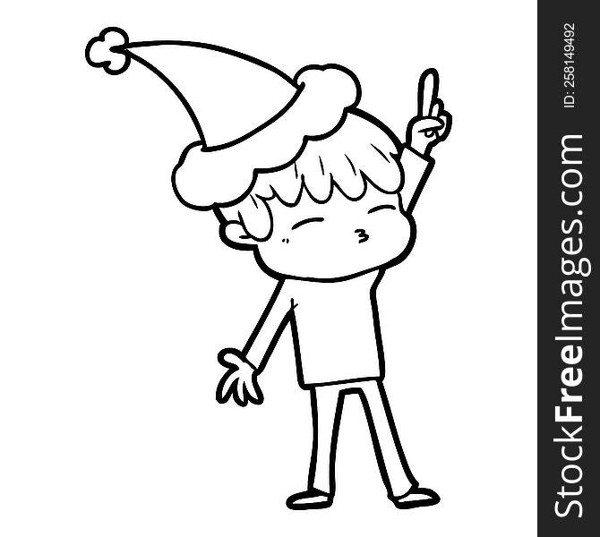 hand drawn line drawing of a curious boy wearing santa hat