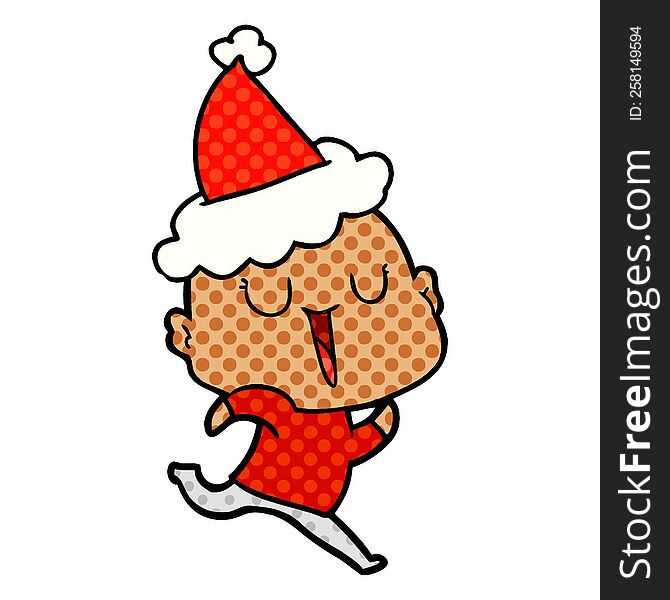 happy hand drawn comic book style illustration of a bald man wearing santa hat