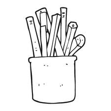 Black And White Cartoon Desk Pot Of Pencils And Pens Royalty Free Stock Image