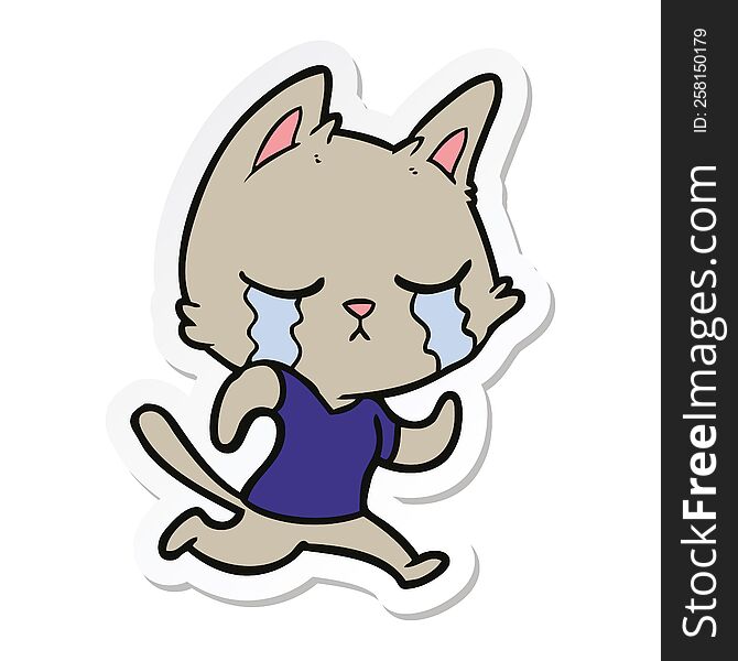 Sticker Of A Crying Cartoon Cat Running Away