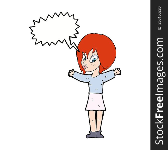 Cartoon Woman With Open Arms With Speech Bubble