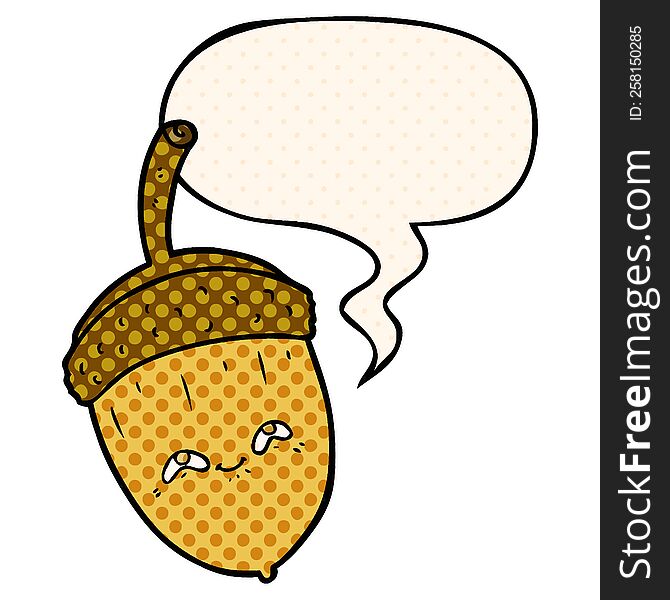 cartoon acorn with speech bubble in comic book style