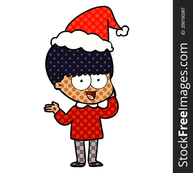 Happy Comic Book Style Illustration Of A Boy Wearing Santa Hat