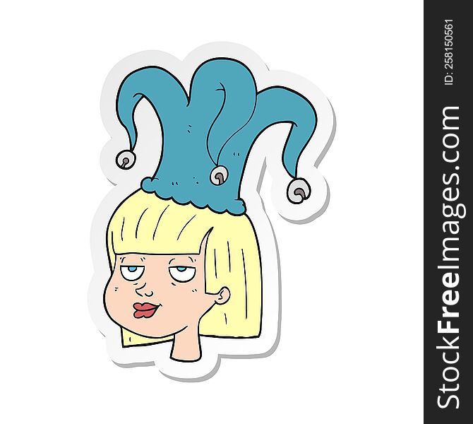 sticker of a cartoon woman wearing jester hat