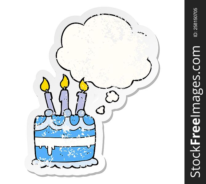 cartoon birthday cake with thought bubble as a distressed worn sticker