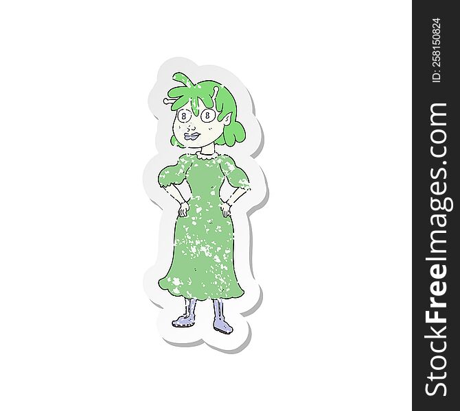 Retro Distressed Sticker Of A Cartoon Alien Woman