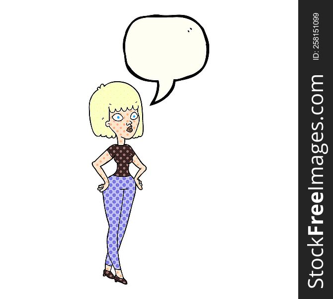 freehand drawn comic book speech bubble cartoon woman with hands on hips