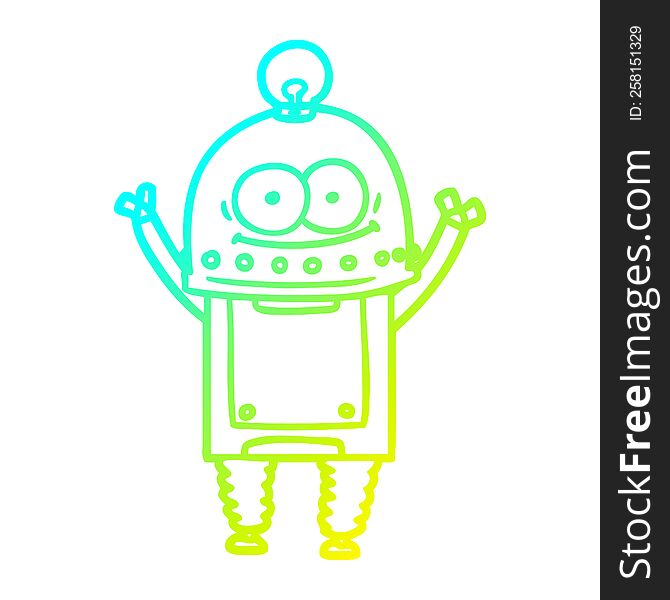 cold gradient line drawing of a happy carton robot with light bulb