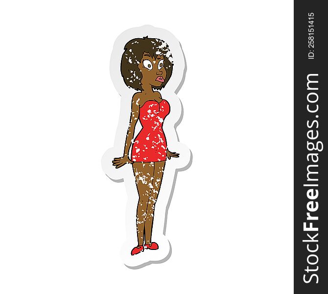 retro distressed sticker of a cartoon surprised woman in short dress