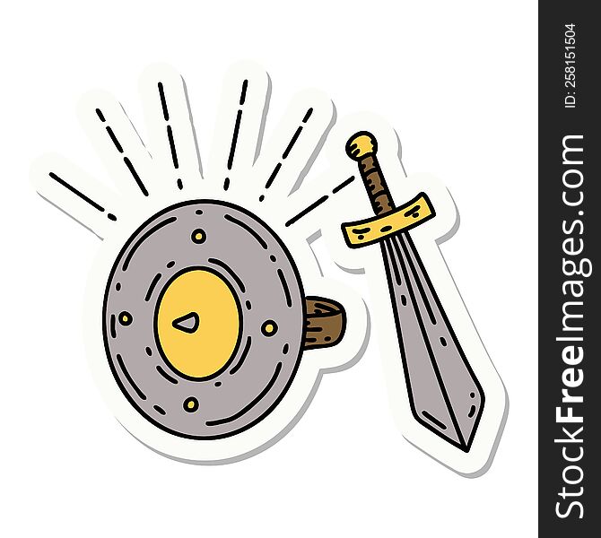 Sticker Of Tattoo Style Shield And Sword