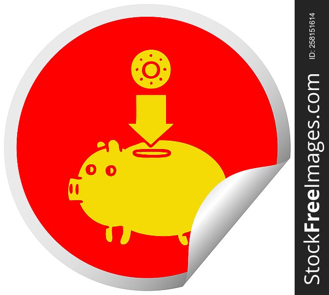 circular peeling sticker cartoon of a piggy bank