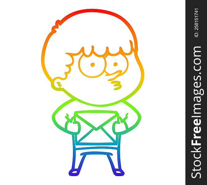 Rainbow Gradient Line Drawing Cartoon Curious Boy Carrying A Gift