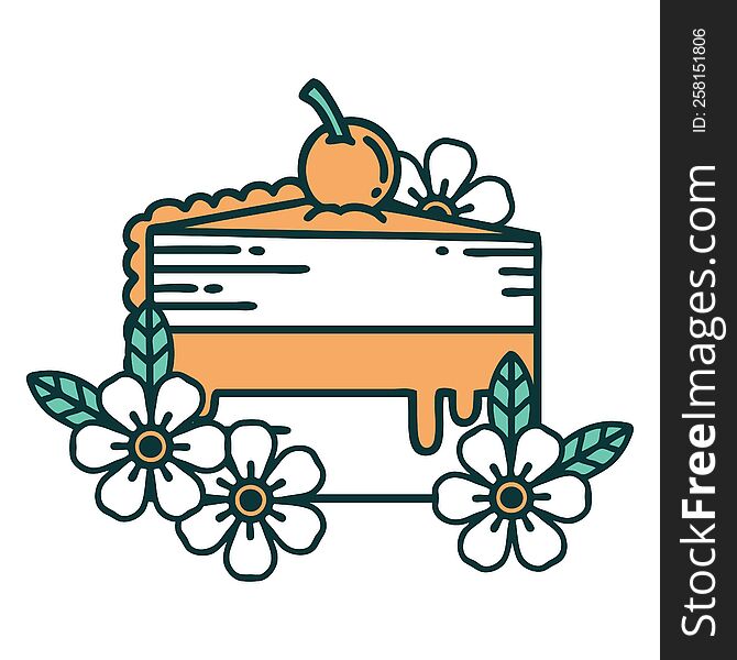 iconic tattoo style image of a slice of cake and flowers. iconic tattoo style image of a slice of cake and flowers