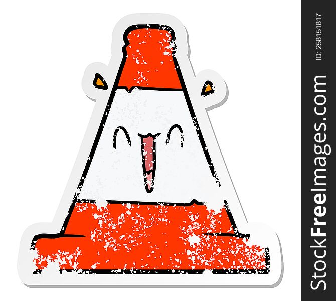 distressed sticker of a cartoon road traffic cone