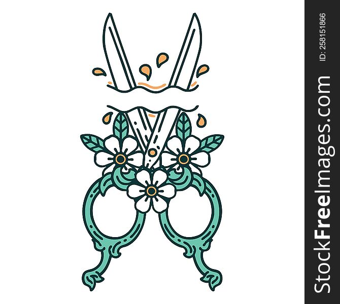iconic tattoo style image of barber scissors and flowers. iconic tattoo style image of barber scissors and flowers