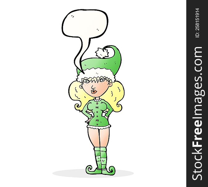 cartoon santa's helper woman with speech bubble
