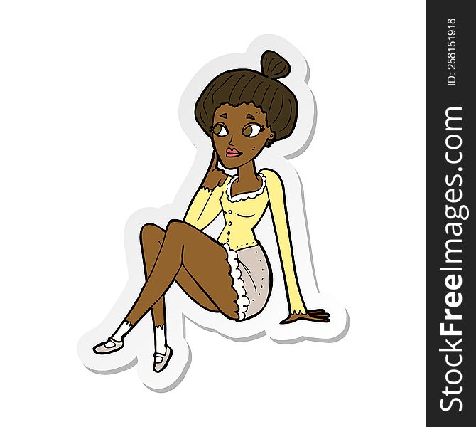 sticker of a cartoon attractive woman sitting thinking