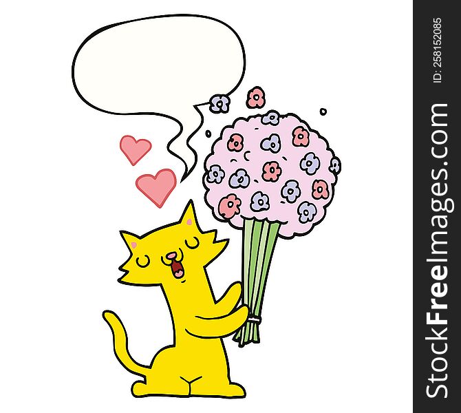 cartoon cat in love with flowers with speech bubble. cartoon cat in love with flowers with speech bubble