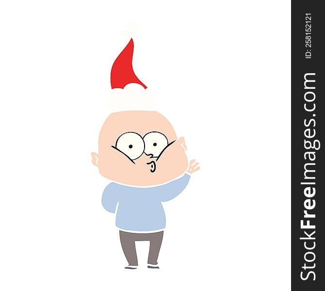 hand drawn flat color illustration of a bald man staring wearing santa hat