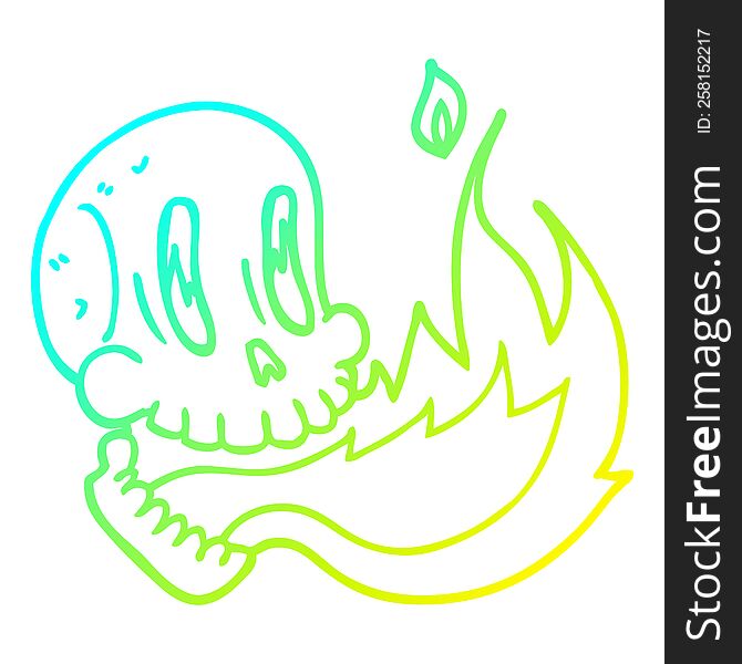 cold gradient line drawing of a cartoon flaming skull